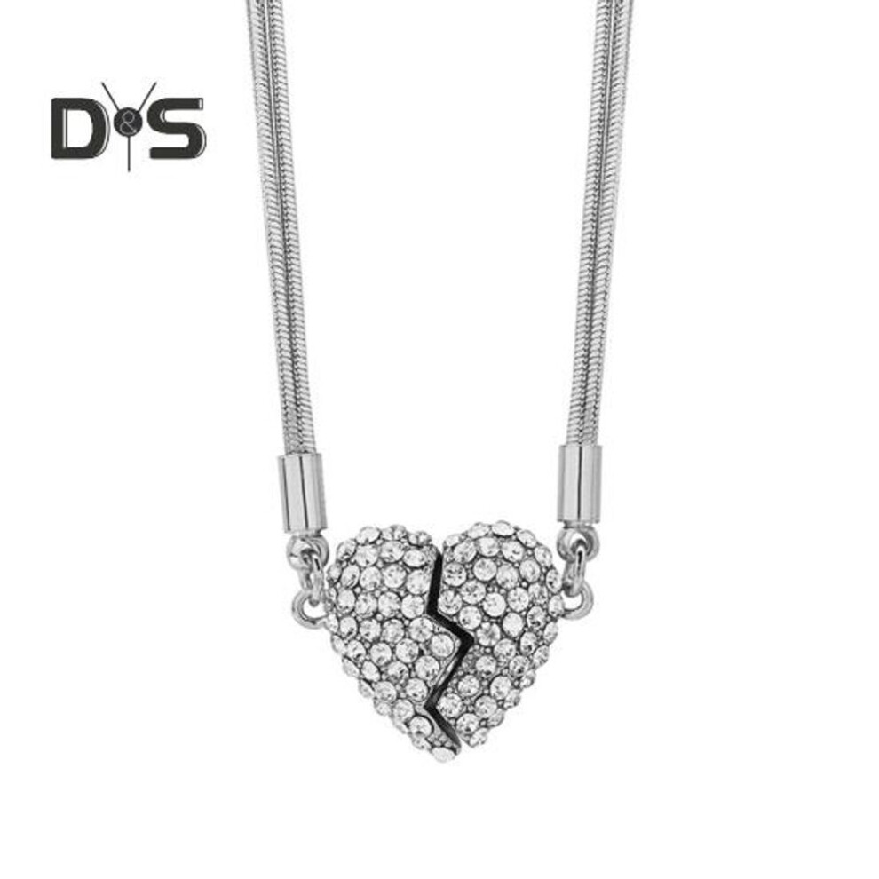 (silver) Women Necklace Magnetic Matching Broken Heart Pendant Rhinestone Adjustable Length Hematite Therapy Natural Neck Pain Relief Migraine Healing Choker