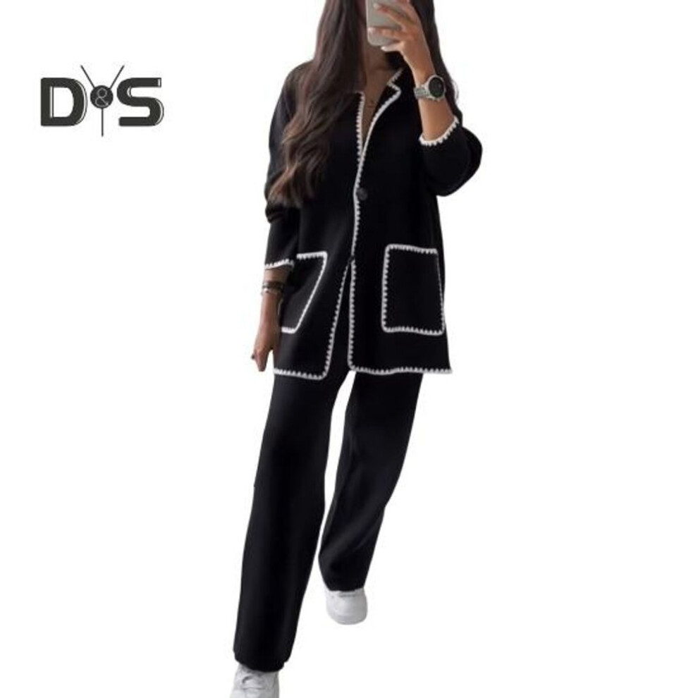(black, L) 2 Pcs/Set Women Autumn Shirt Pants Set Turn-down Collar Single-breasted Long Sleeves Patchwork Top Wide Leg Loose Trousers Homewear Casual Outfit