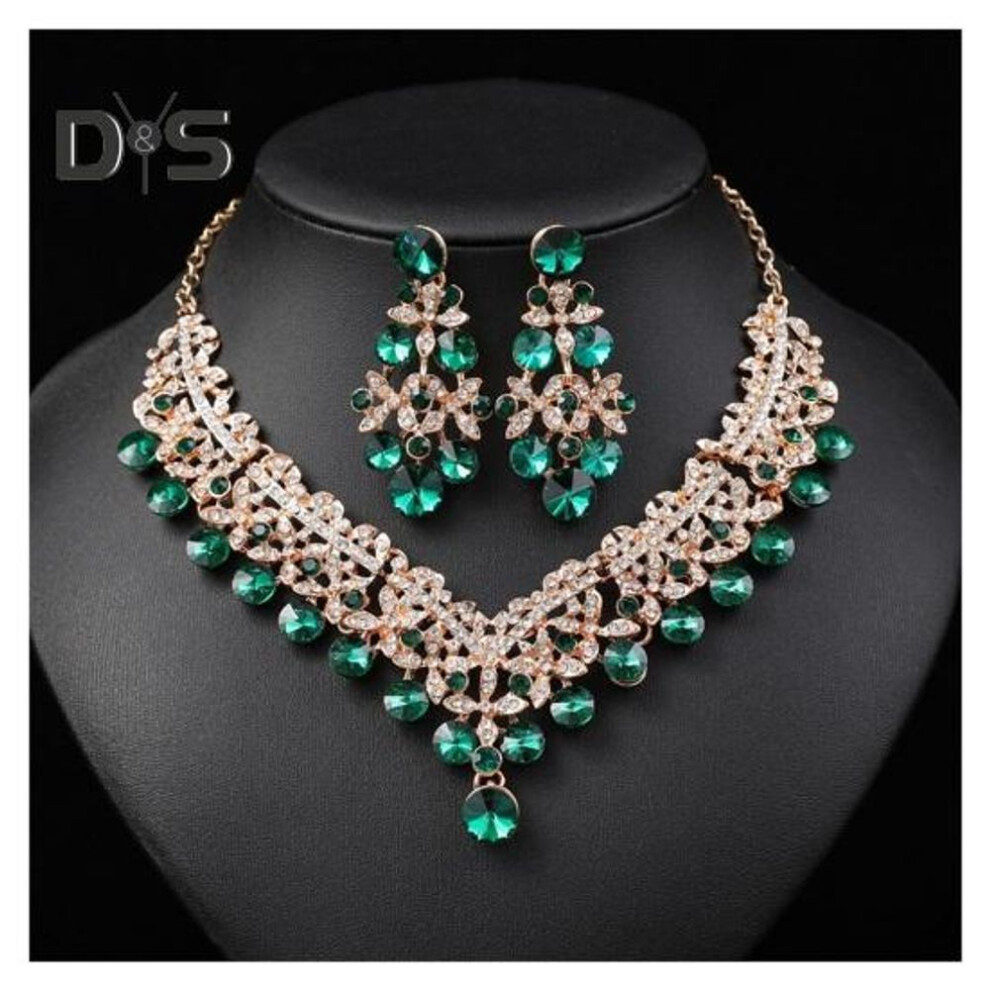 (green) 1 Set Women Necklace Earrings Set Green Rhinestone Color Matching Symmetric Hollow Out Anti-allergy Luxury Hanging Earrings Bridal Wedding Prom