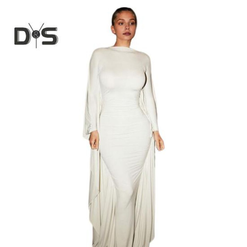 (white, L) Women Evening Dress Dolman Sleeves Skinny Cape Type Pure Color O Neck Long Sleeves Sheath Prom Cocktail Dinner Special Events Maxi Dress