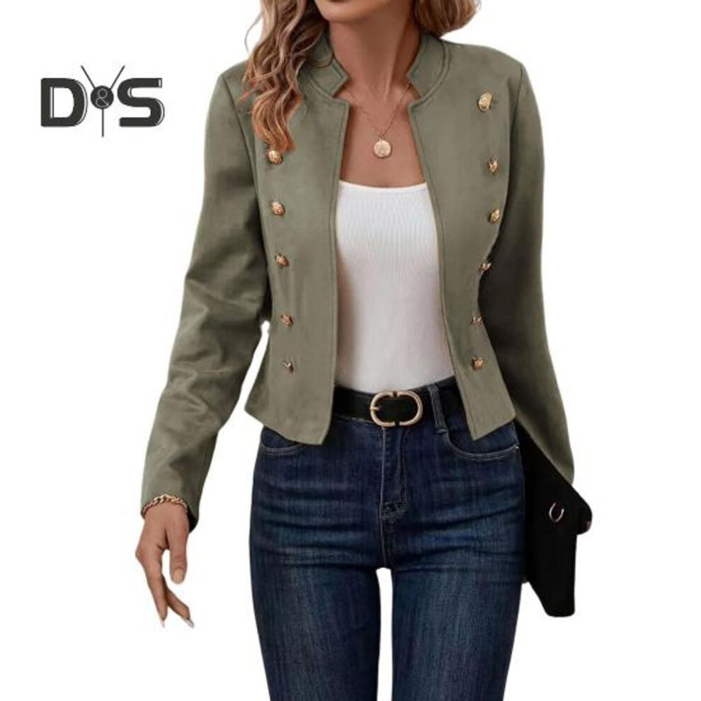 (green, XXL) Women Jacket Stand Collar Long Sleeve Double Breasted Short Suit Coat Solid Color Business Outerwear