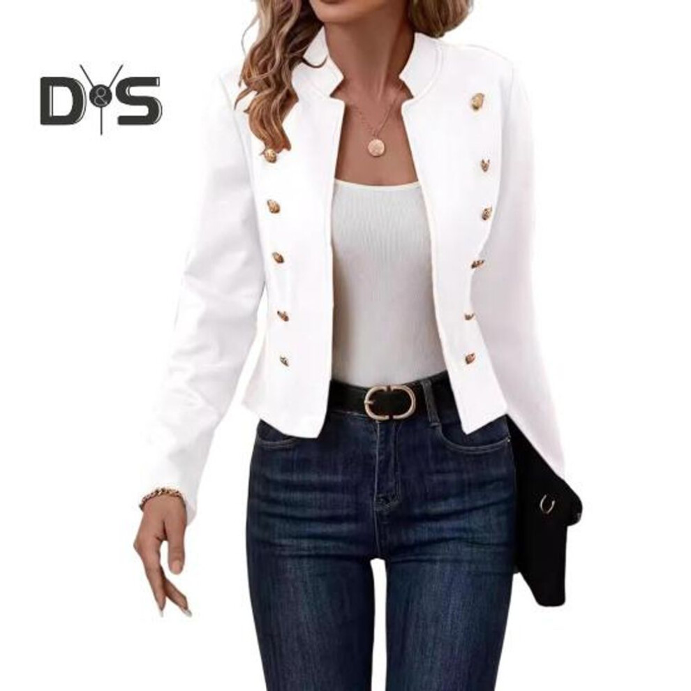 (white, M) Women Jacket Stand Collar Long Sleeve Double Breasted Short Suit Coat Solid Color Business Outerwear