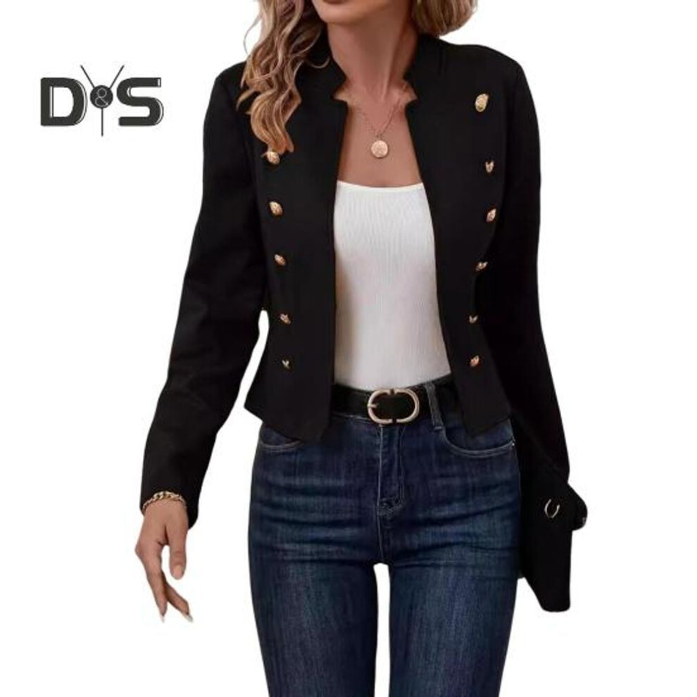 (black, XXL) Women Jacket Stand Collar Long Sleeve Double Breasted Short Suit Coat Solid Color Business Outerwear
