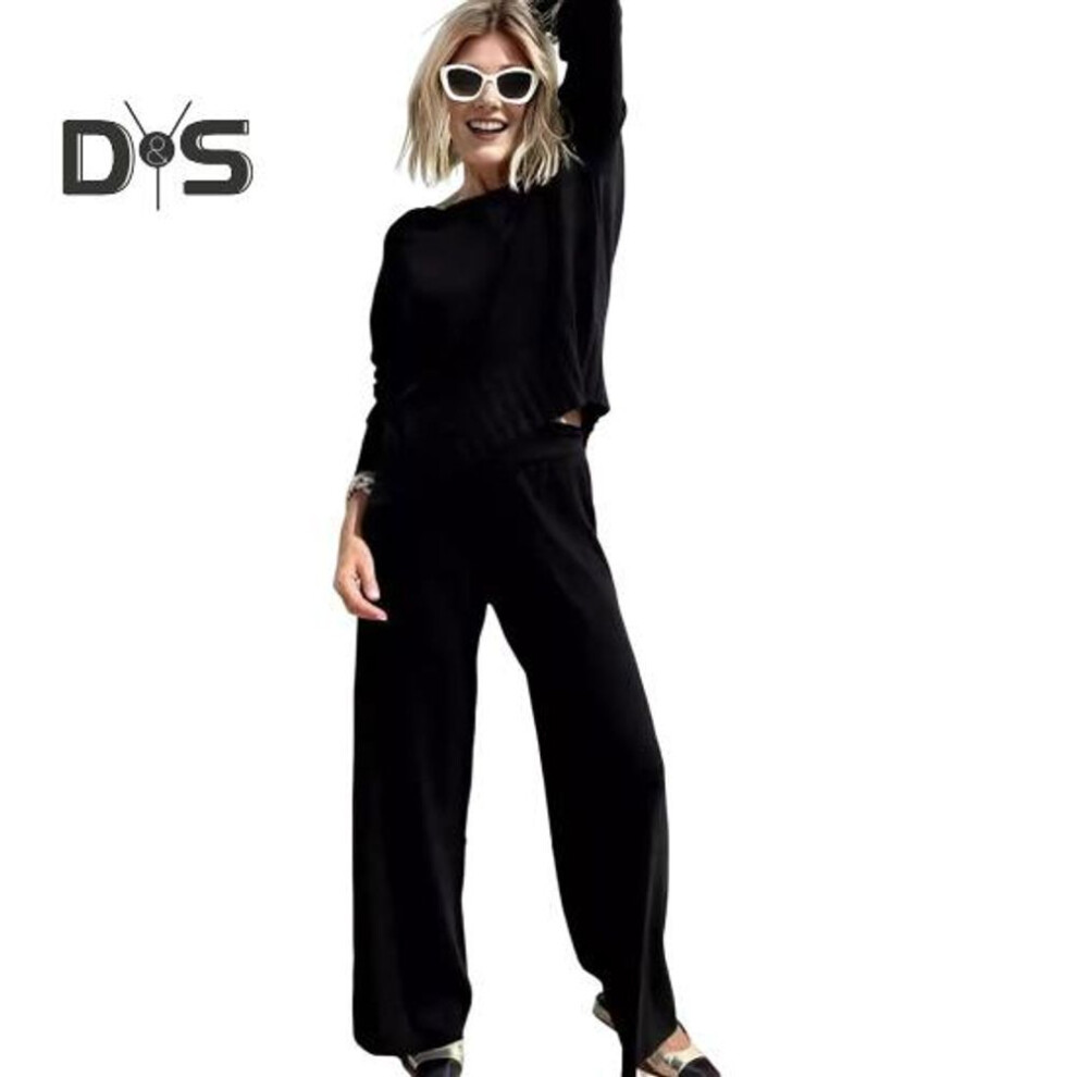 (black, XL) 2 Pcs/Set Women Top Pants Suit Round Neck Long Sleeves Knitted Solid Color Sweatshirt Elastic Waist Trousers Daily Wear Sport Outfit Fall Spring
