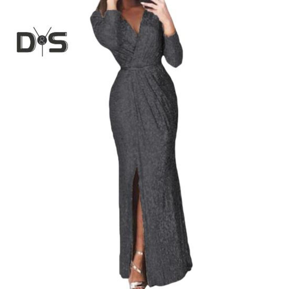 (black, S) Women Evening Dress Deep V Neck Sequin Decor Long Sleeves Elastic Waist Pleated Split Hem Solid Color Formal Occasions Wedding Party Prom Maxi Dress