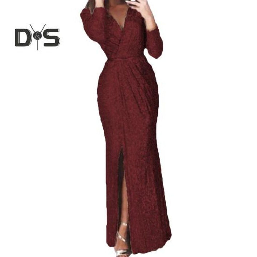 (wine red, XL) Women Evening Dress Deep V Neck Sequin Decor Long Sleeves Elastic Waist Pleated Split Hem Solid Color Formal Occasions Wedding Party Prom Maxi Dress