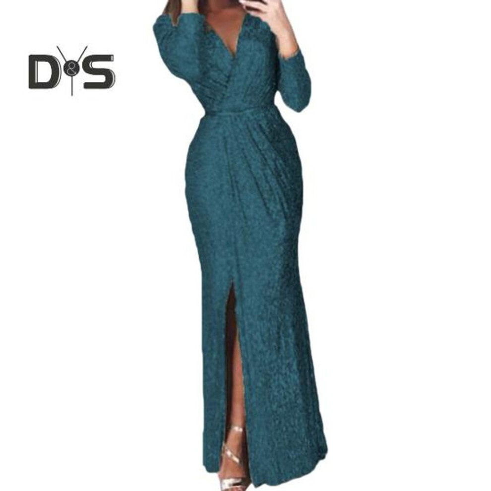 (green, L) Women Evening Dress Deep V Neck Sequin Decor Long Sleeves Elastic Waist Pleated Split Hem Solid Color Formal Occasions Wedding Party Prom Maxi Dress