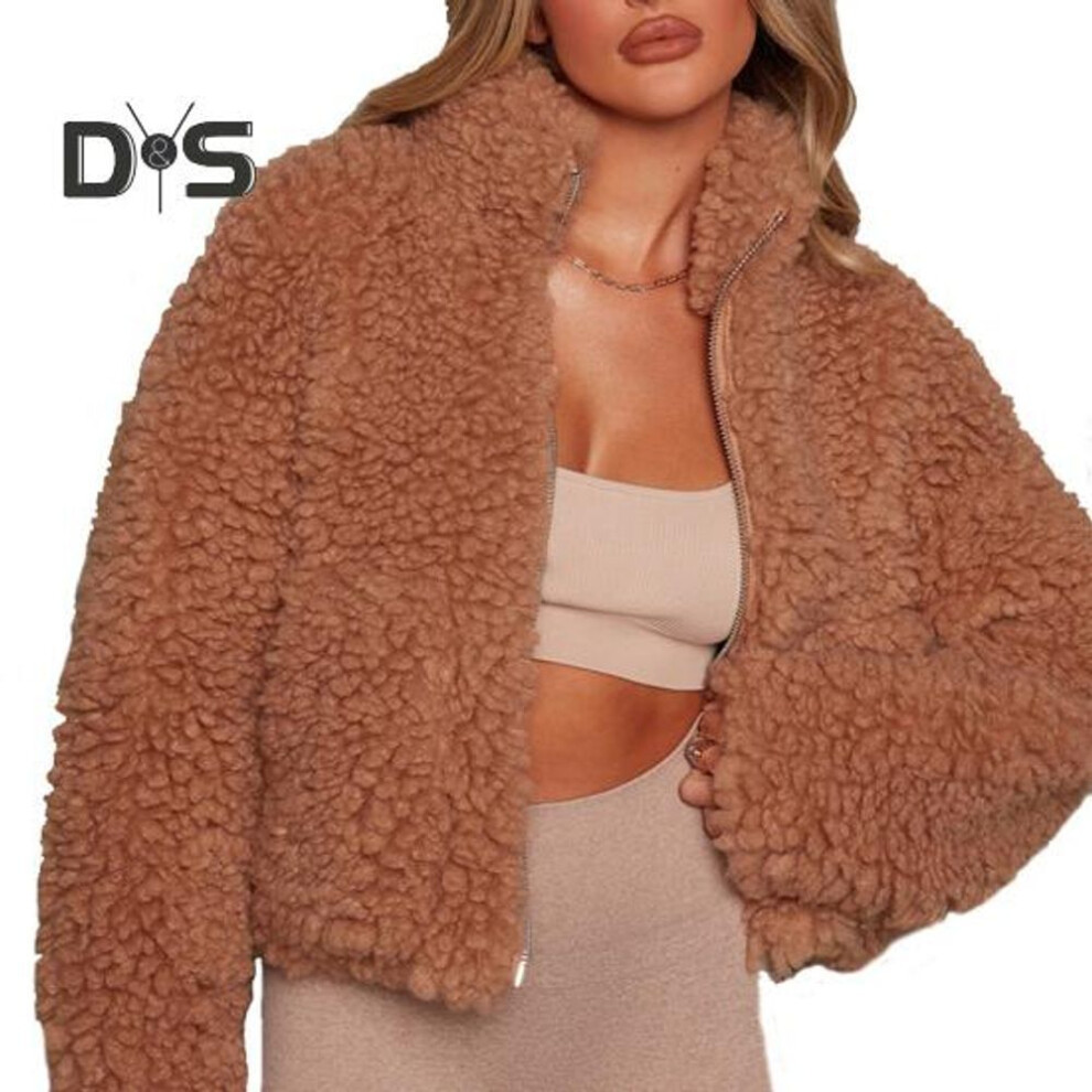 (camel, XL) Women Winter Jacket Short Type Stand Collar Neck Protection Zip-up Long Sleeves Thick Plush Windproof Lady Daily Wear Outdoor Jacket