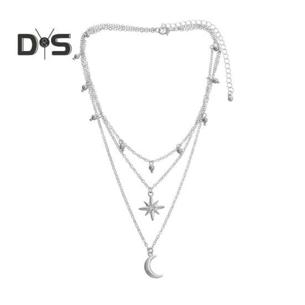(silver) Multi-layered Rhinestone Choker Necklace Metal Crescent Moon Studded Bell Necklace Crystal Choker Diamond Charm Pendant Necklace Sweater Chain For
