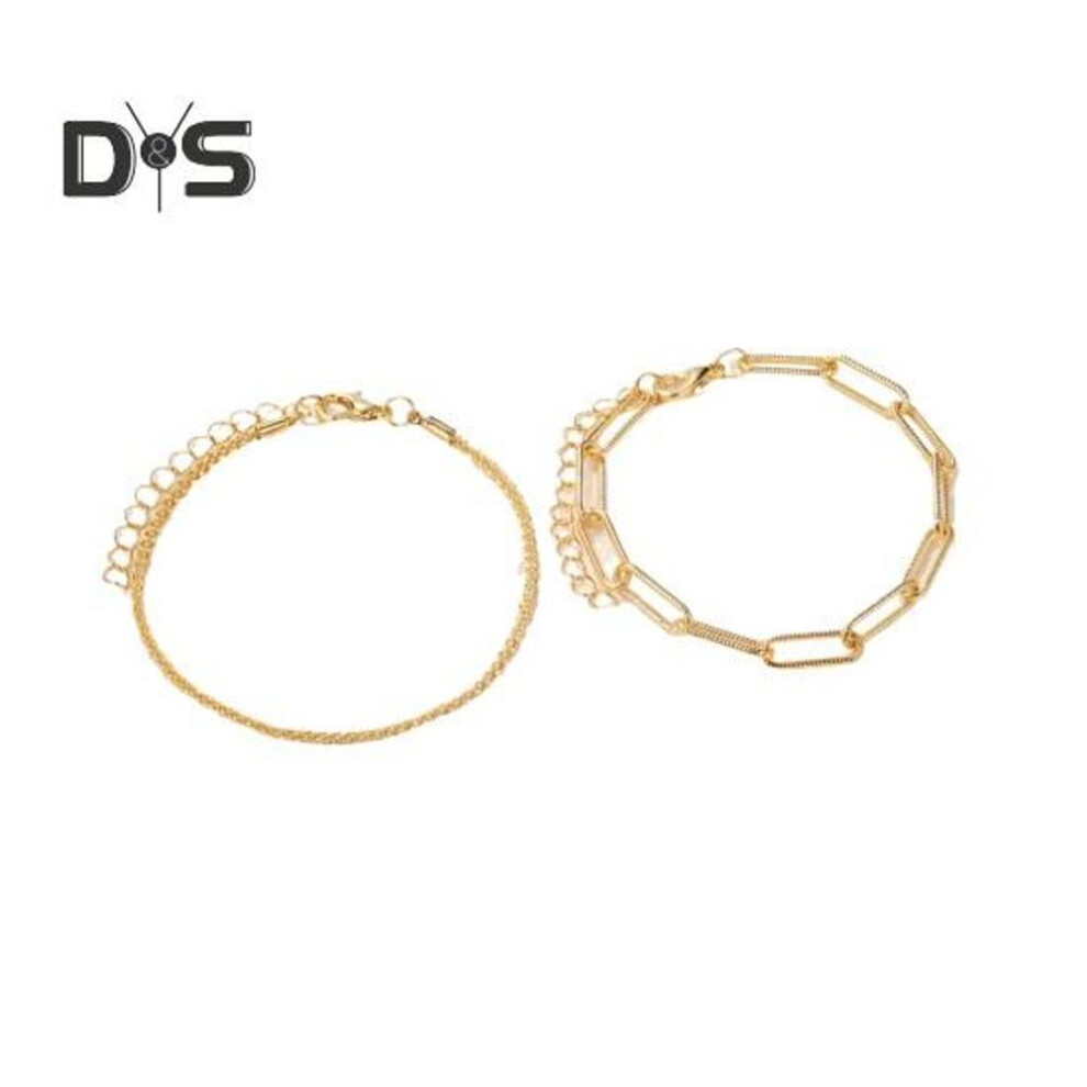 (golden) 2 Pcs Women Bracelet Set Adjustable Length Hollow Out Chain Solid Color Polished Electroplated Stainless Lightweight Punk Hip Hop Cool Girl Bangle