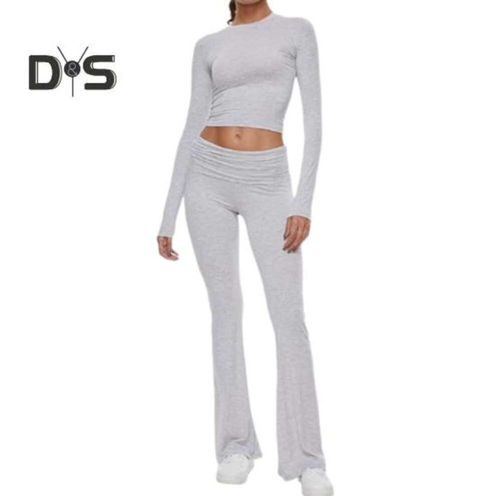 (light grey, S) 2 Pcs/set Women Top Pants Suit Skinny High Waist O Neck Long Sleeves Pure Color Stretchy Soft Breathable Yoga Bell Bottoms T-shirt Set Spring Summer