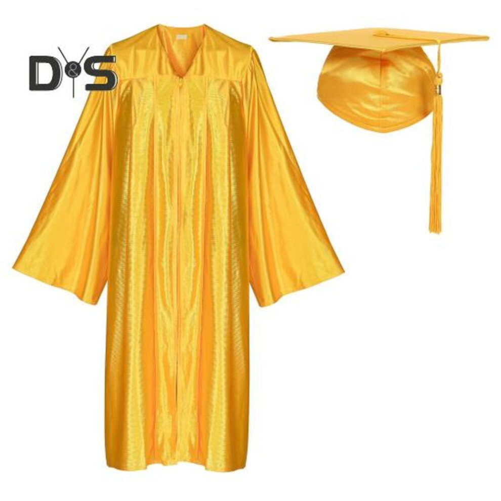 (golden, L) 1 Set Unisex Graduation Robe Hat Set Front Zipper Loose V Neck Loose Tassel Year Tag College Bachelor Doctor Master Graduation Ceremony Gown Cap