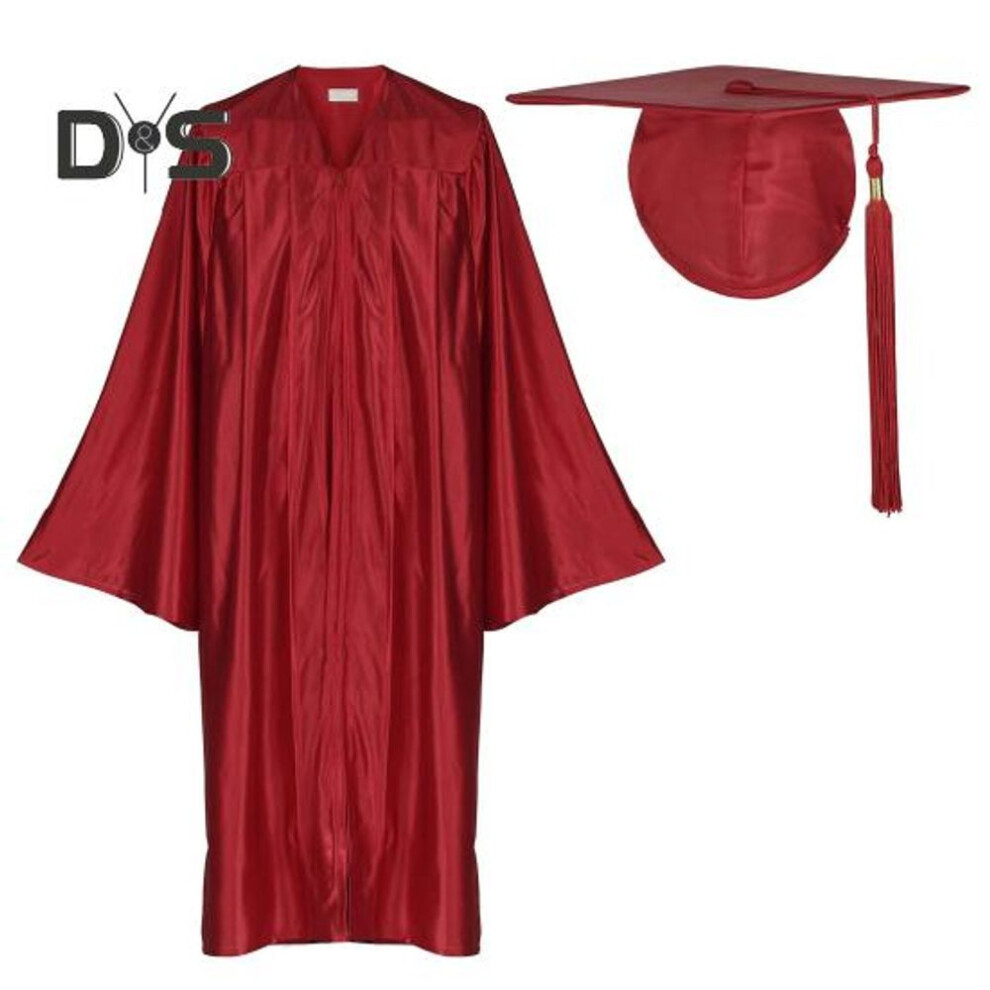 (wine red, 2XL) 1 Set Unisex Graduation Robe Hat Set Front Zipper Loose V Neck Loose Tassel Year Tag College Bachelor Doctor Master Graduation Ceremony Gown Cap