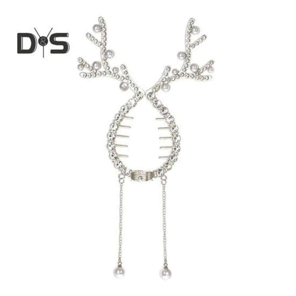 (white) Christmas Reindeer Hairpin Shiny Rhinestone Faux Pearl Ponytail Bun Holder Women Girl Bling Hair Accessories