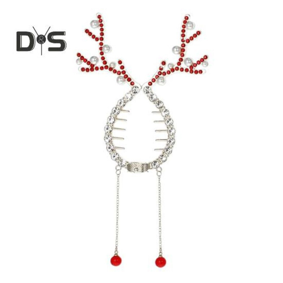 (red) Christmas Reindeer Hairpin Shiny Rhinestone Faux Pearl Ponytail Bun Holder Women Girl Bling Hair Accessories