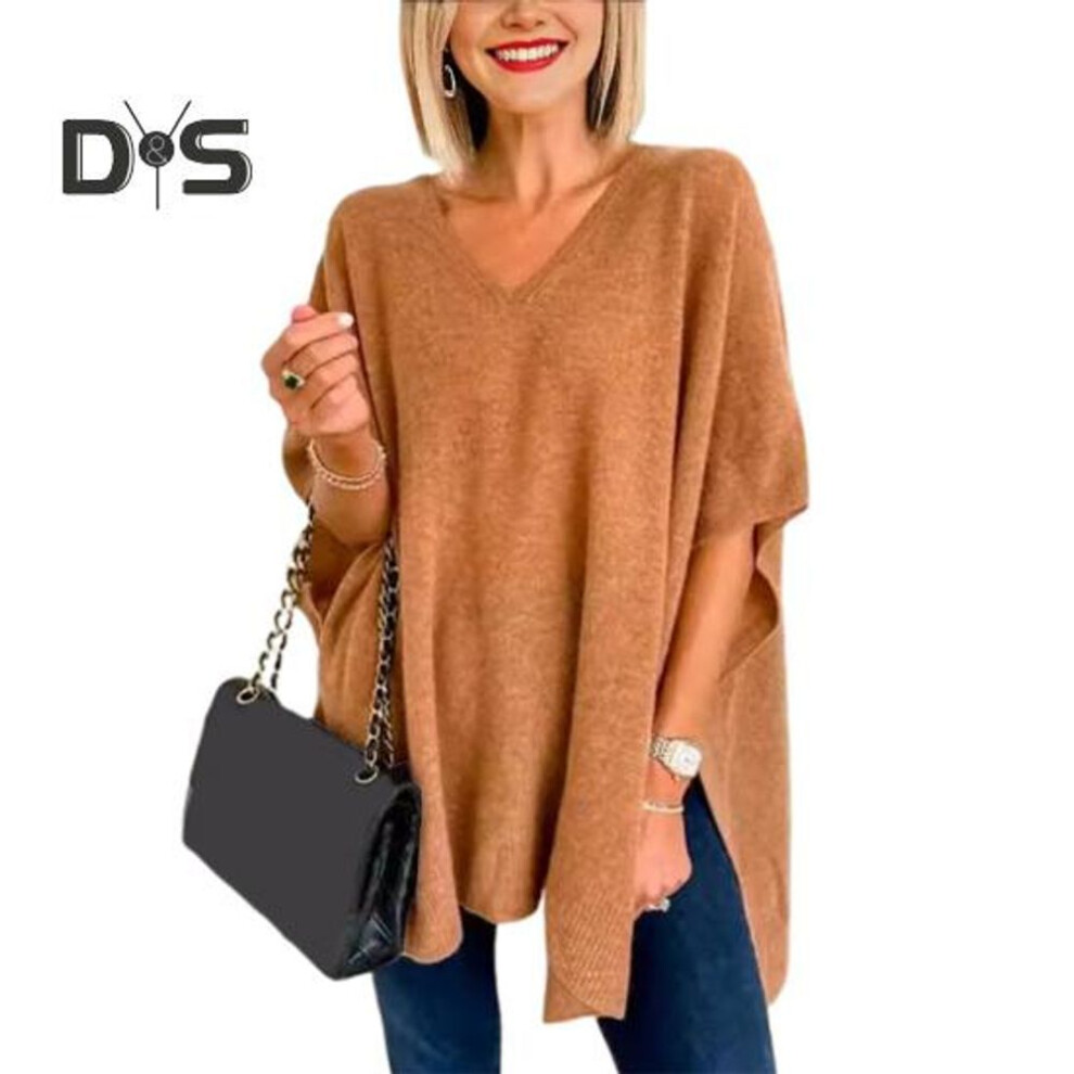 (M, camel) Women Sweater V-Neck Batwing Style Sleeveless Loose Fit Casual Top Solid Color High Low Hem Knit Autumn Winter Sweater Vest