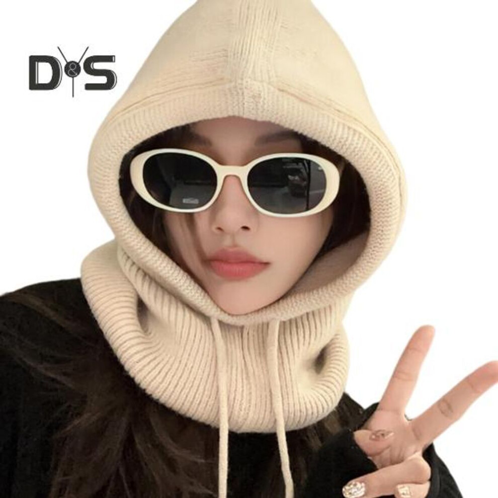 (beige) Women Winter Balaclava Hat Thick Warm Knitted Windproof Cycling Headwear Adjustable Full Protection Outdoor Travel Cold Weather Skiing Cap