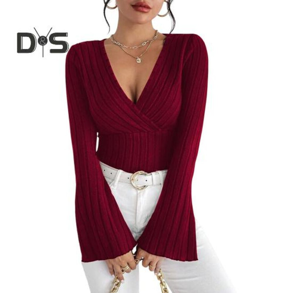 (M, wine red) Women Bottoming Tops V-neck Flared Long Sleeve Slim Fit Knitting Tops Solid Color Autumn Winter Blouse