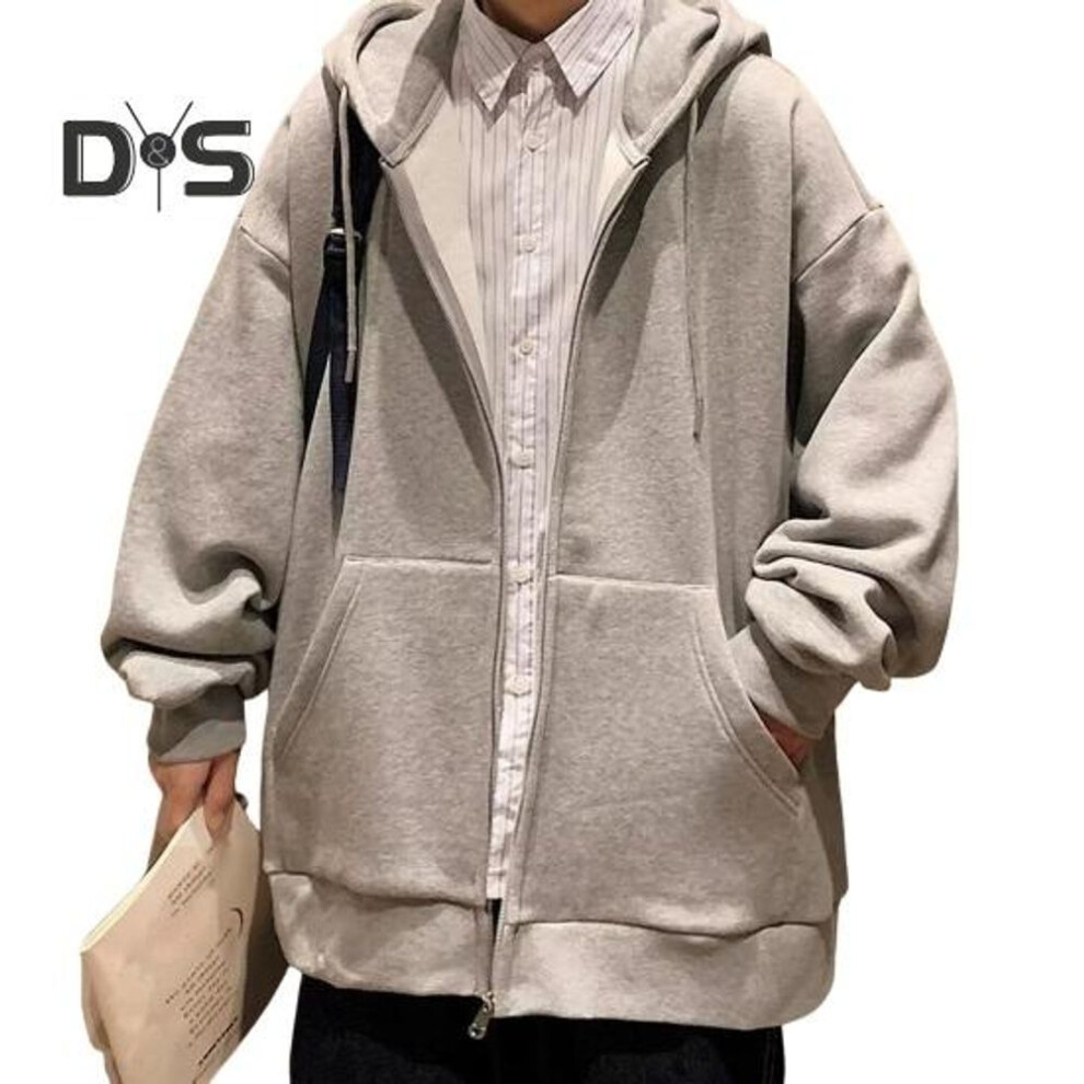 (2XL, grey) Men Fall Winter Hoodie Thick Fleece Lined Hooded Long Sleeves With Big Pockets Solid Color Loose Elastic Cuffs Drawstring Lady Jacket Couple Sport