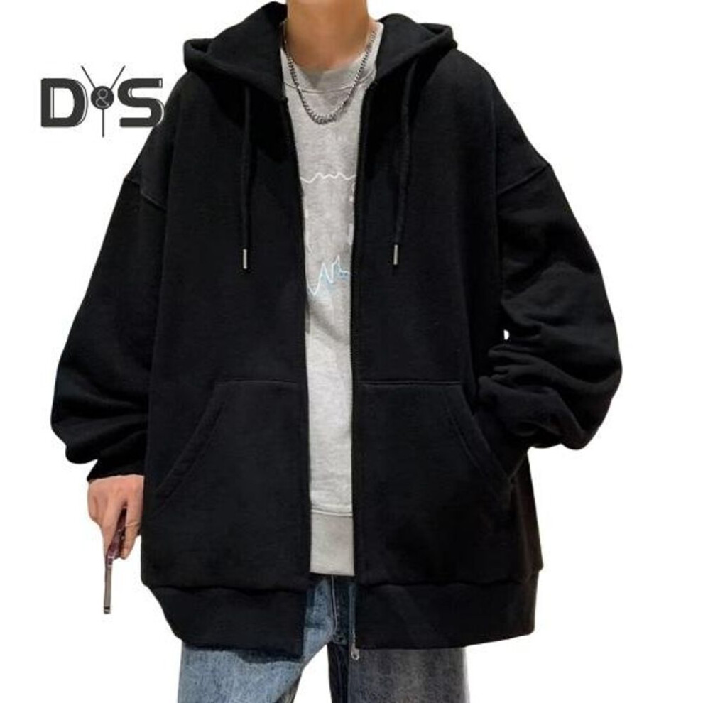 (3XL, black) Men Fall Winter Hoodie Thick Fleece Lined Hooded Long Sleeves with Big Pockets Solid Color Loose Elastic Cuffs Drawstring Lady Jacket Couple Sport