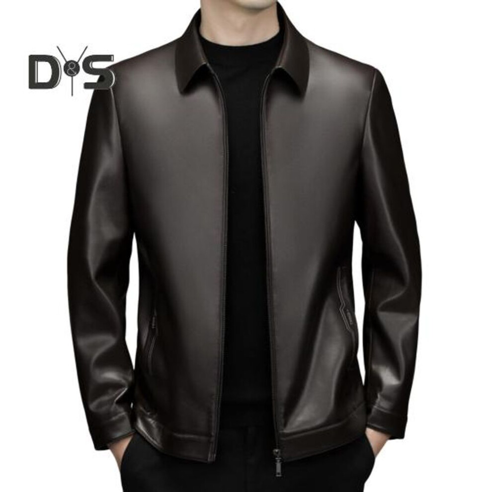 (brown, XXL) Men Jacket Lapel Long Sleeve Zipper Placket Regular Fit Coat Solid Color Short Style Faux Leather Jacket Casual Street Outwear