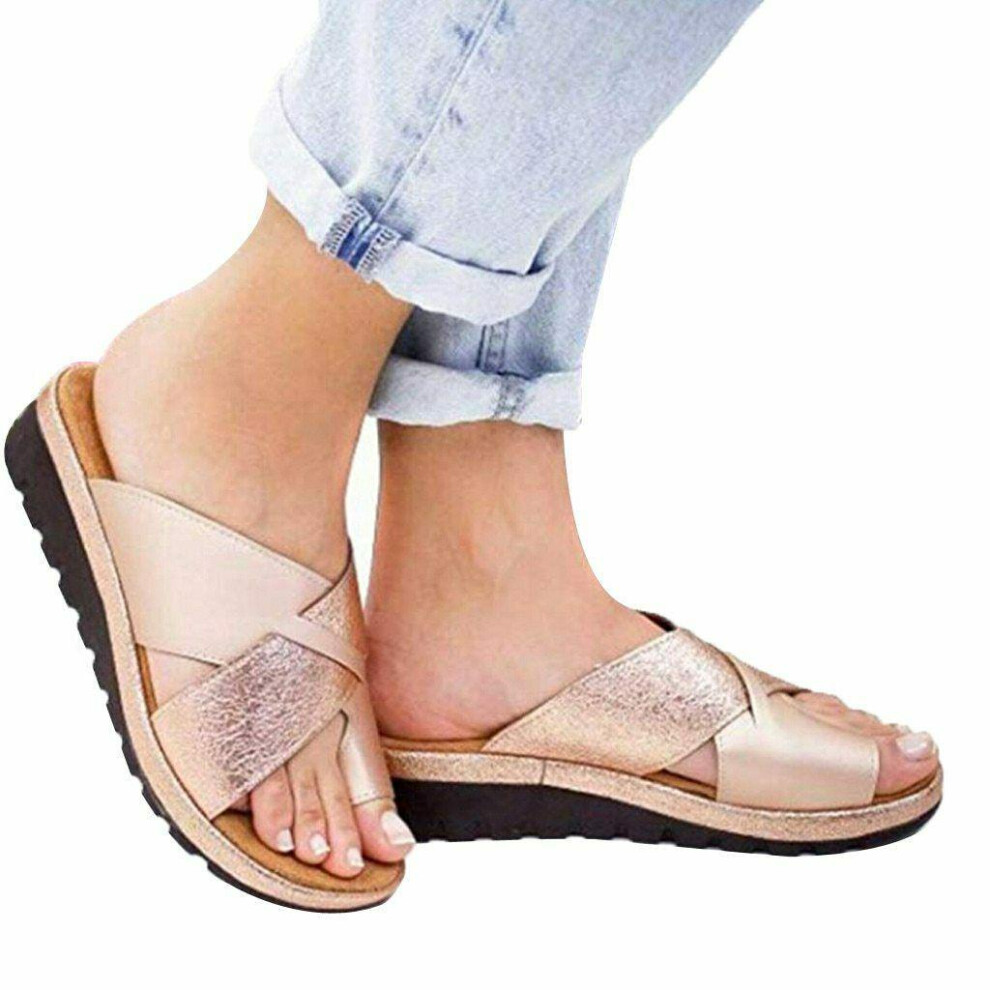 (Champagne,EU43)Chaussures femmes sandale plateforme confortable semelle plate orthopédique gros bout pied cuir pu