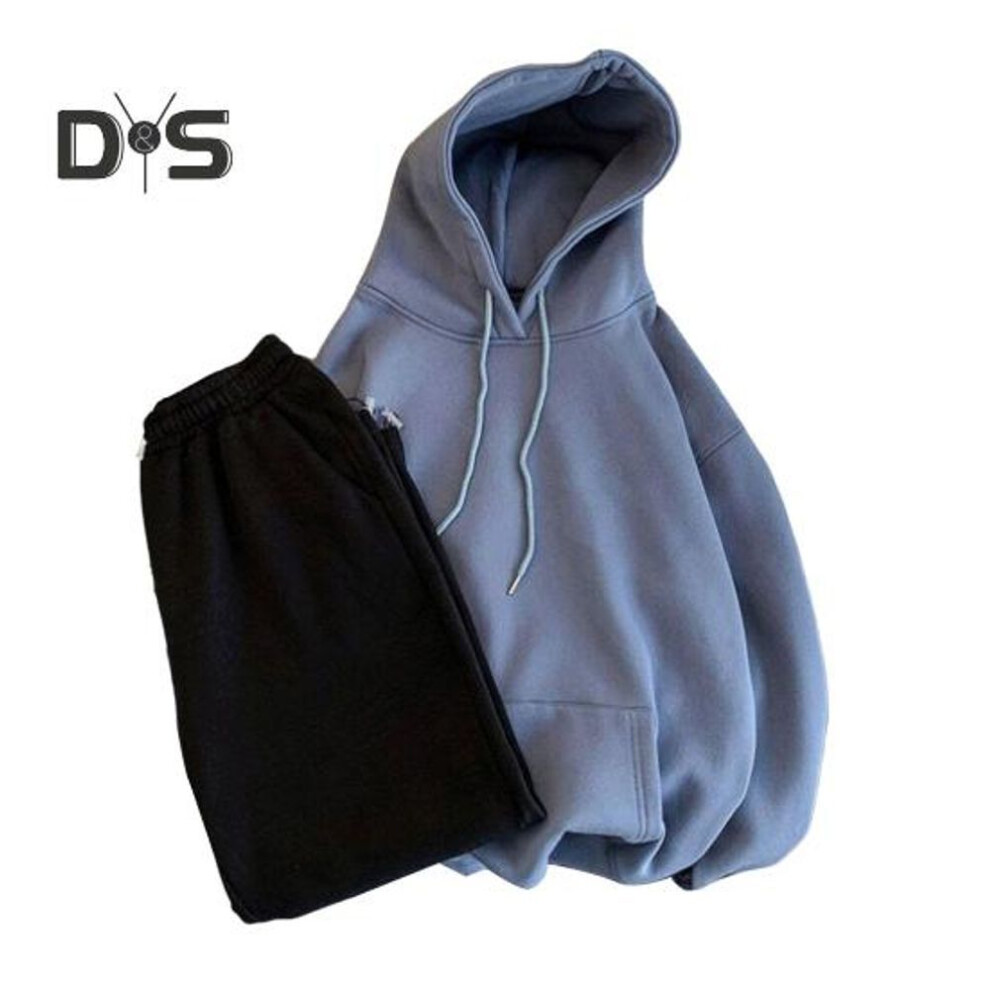 (blue, XXL) 2Pcs/Set Men Sport Suit Hooded Long Sleeve Sweatshirt with Drawstring Large Pockets Solid Color Sweatpants Set Versatile Style Sports Wear