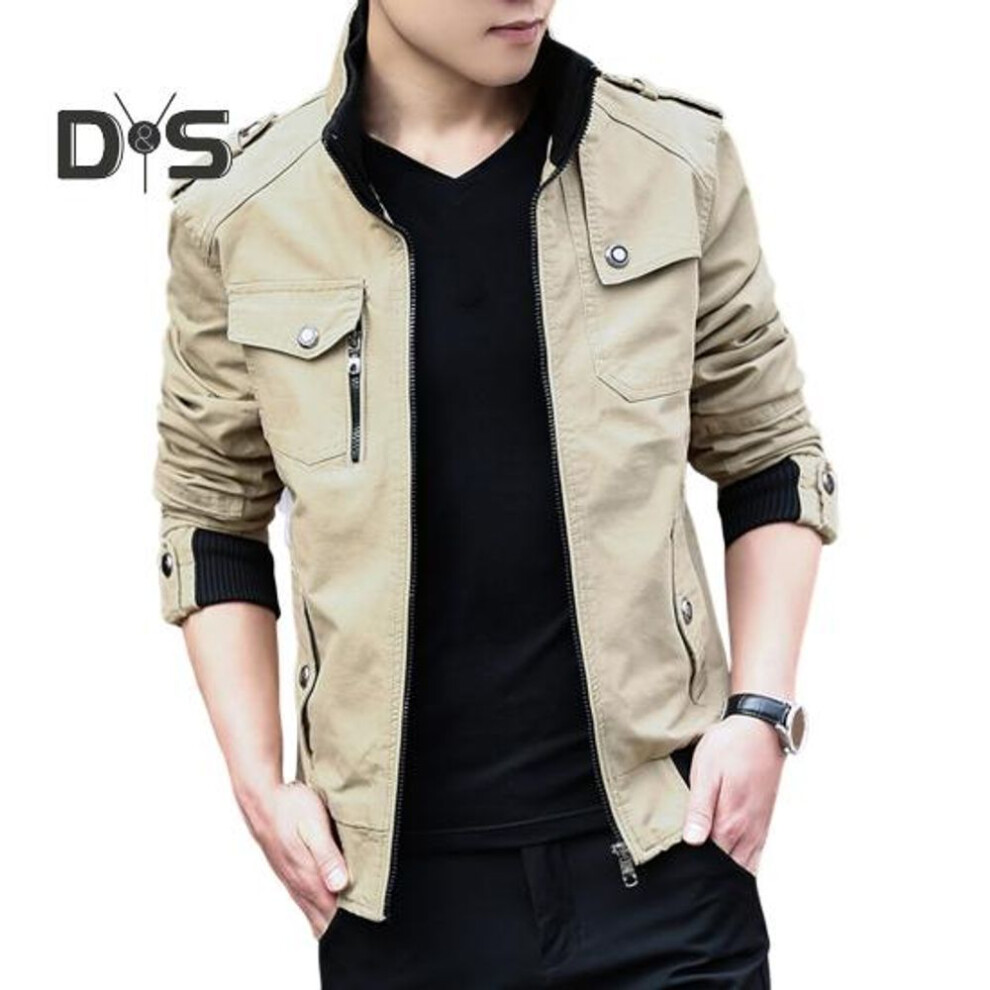 (khaki, XXXXL) Men Cargo Jacket Stand Collar Long Sleeve Multi Pockets Jacket Coat Solid Color Zipper Closure Thin Sport Coat