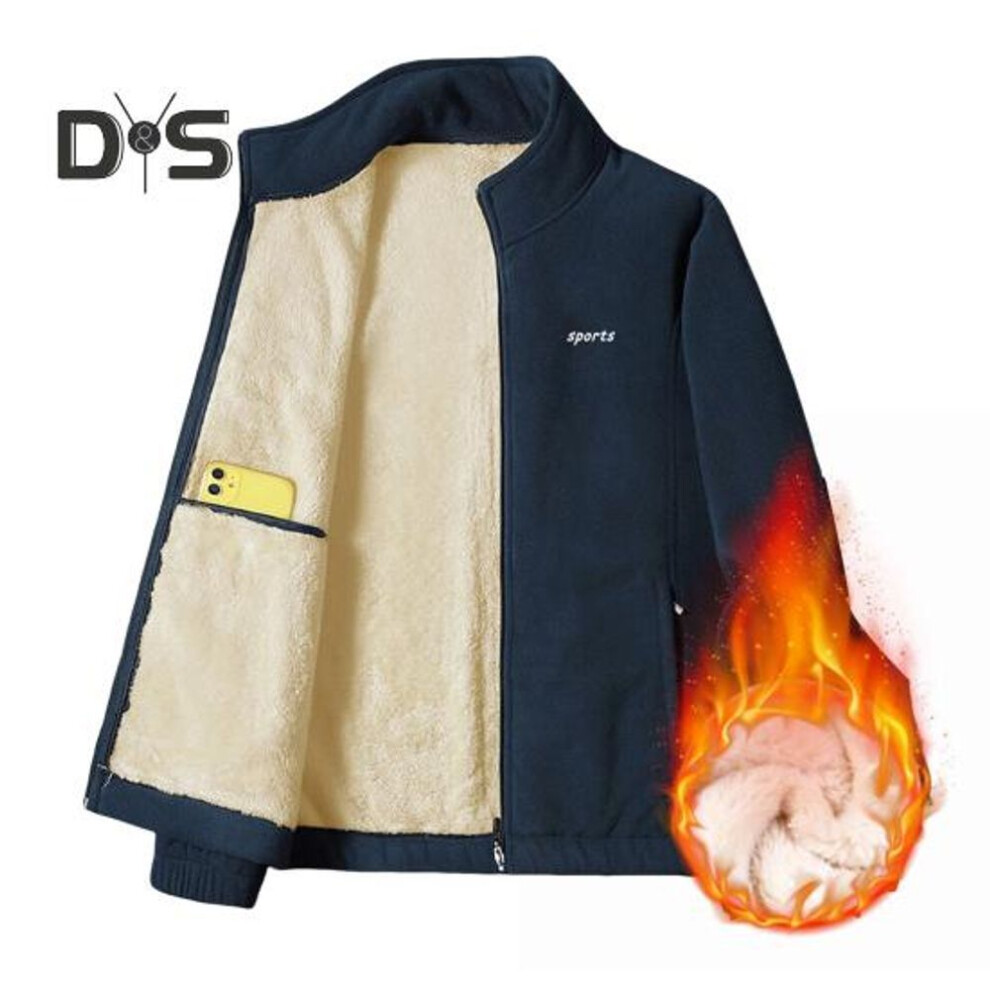 (blue, 3XL) Men Jacket Stand Collar Long Sleeve Thickened Velvet Lined Warm Winter Coat With Pockets Zipper Placket Cotton Jacket