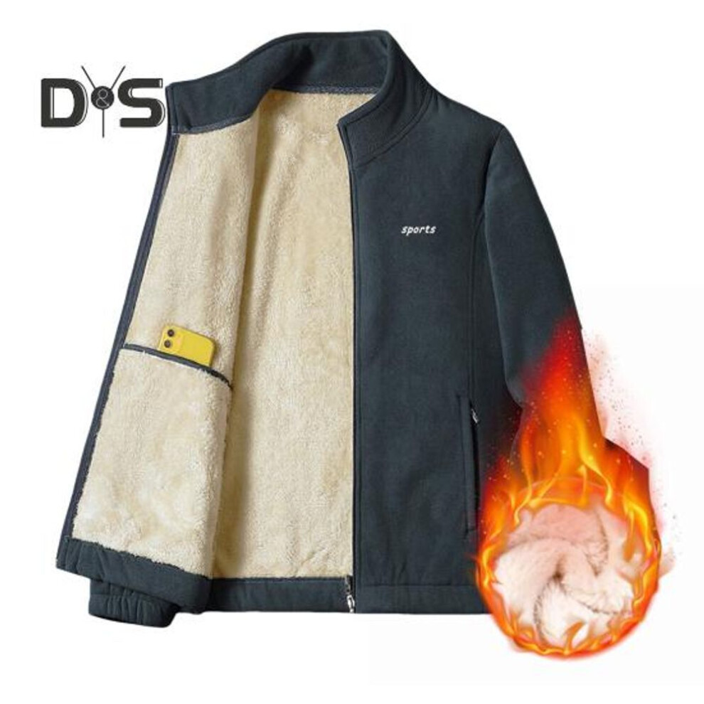 (grey, M) Men Jacket Stand Collar Long Sleeve Thickened Velvet Lined Warm Winter Coat With Pockets Zipper Placket Cotton Jacket