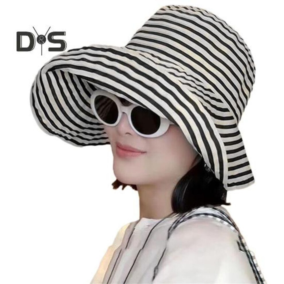 (beige) Women Fisherman Hat Striped Print Wide Brim Summer Sunscreen Hat Neck Coverage Outdoor Adventure Fishing Hat