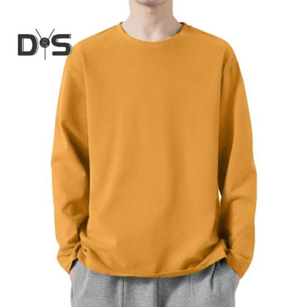 (yellow, 2XL) Men Sport Top Loose Pure Color Round Neck Quick-drying Plus Size Mid Length Long Sleeves Homewear Gym Running Basketball T-shirt