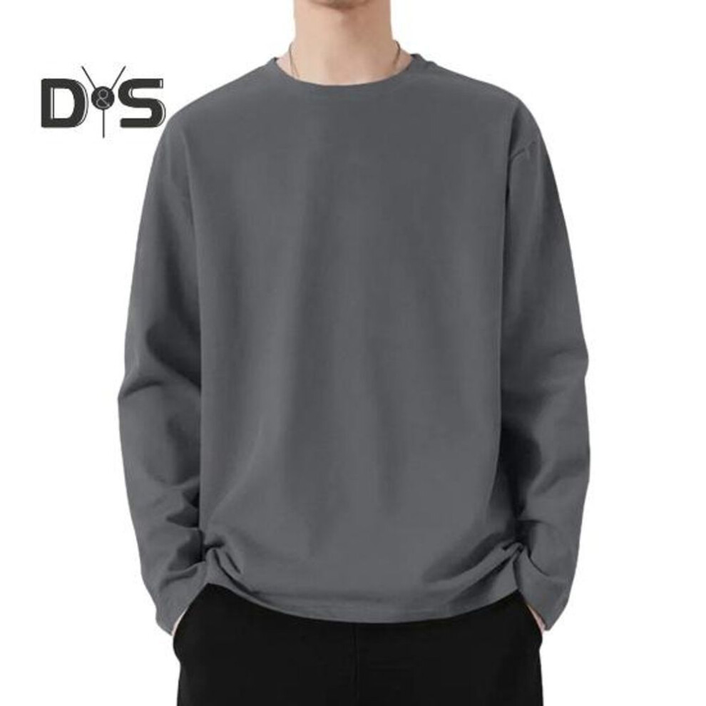 (grey, 3XL) Men Sport Top Loose Pure Color Round Neck Quick-drying Plus Size Mid Length Long Sleeves Homewear Gym Running Basketball T-shirt