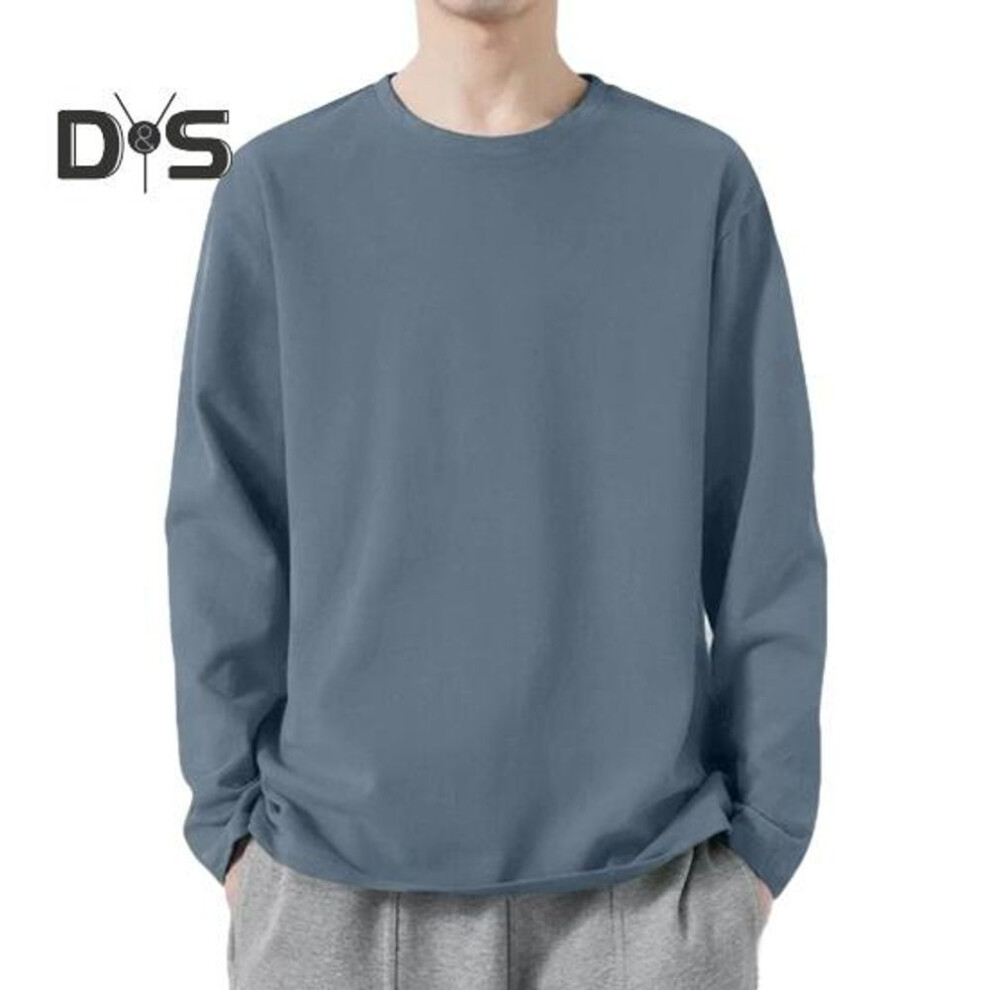 (blue, L) Men Sport Top Loose Pure Color Round Neck Quick-drying Plus Size Mid Length Long Sleeves Homewear Gym Running Basketball T-shirt