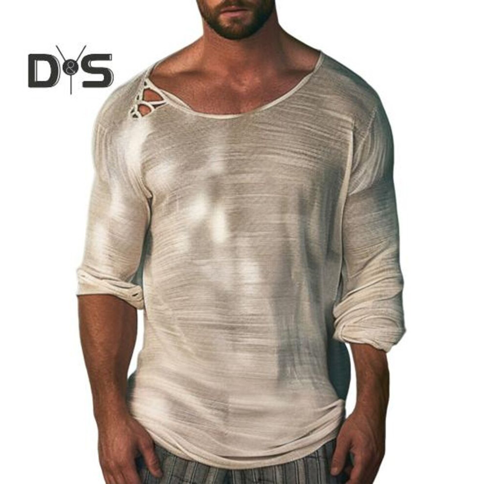 (beige, 2XL) Men Shirt Top Round Neck Long Sleeve Solid Color Design Soft Breathable Loose Fit Casual Sports Fitness Shirt Daily Wear