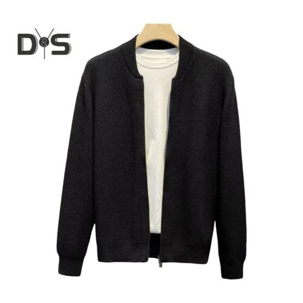 (black, 2XL) Men Sweater Coat Zipper Closure Knit Elastic Long Sleeves Round Neck Outerwear Pure Color Plus Size Loose Casual Cardigan Daily Wear School Mid