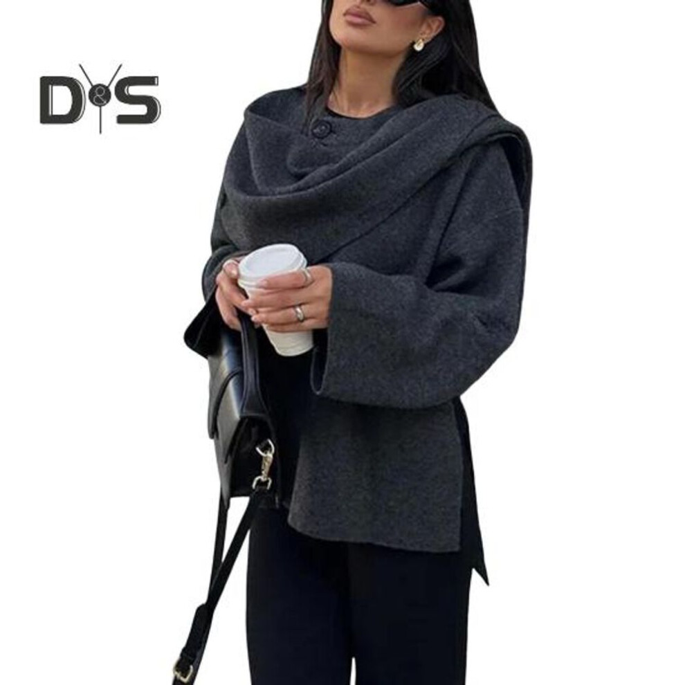 (M, grey) Women Coat with Scarf V Neck Loose Long Sleeve Cardigan Short Jacket with Shawl Solid Color Daily Commuting Spring Fall Outerwear