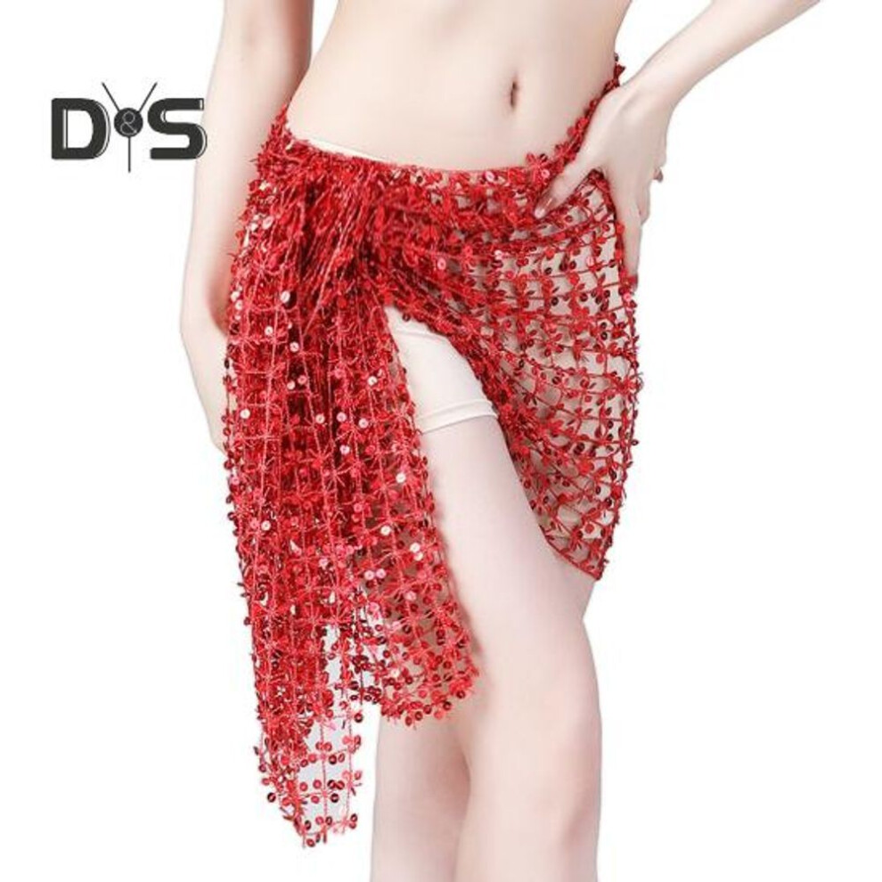 (red) Belly Dance Hip Scarf Sequin Woven Wrap Skirt Hollow Out Mini Skirt Waistband Oriental Indian Dancer Sash Performance Carnival Costume Accessory