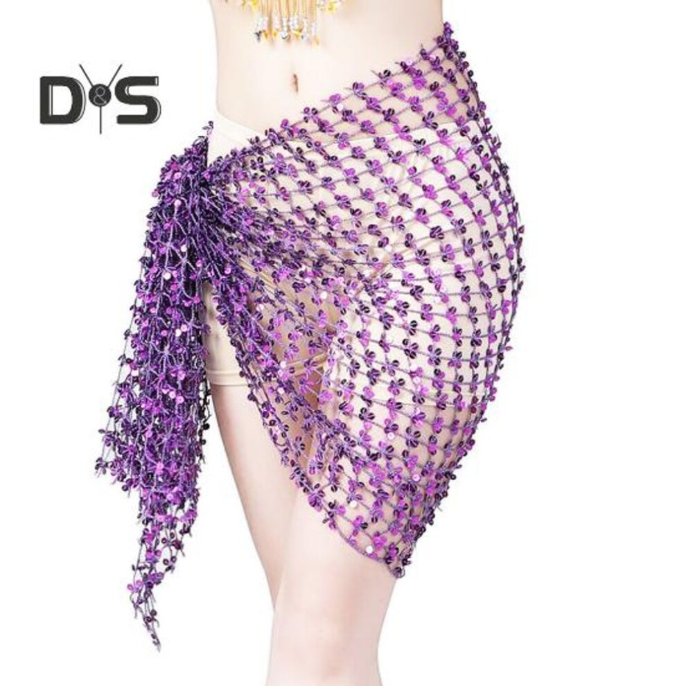 (purple) Belly Dance Hip Scarf Sequin Woven Wrap Skirt Hollow Out Mini Skirt Waistband Oriental Indian Dancer Sash Performance Carnival Costume Accessory