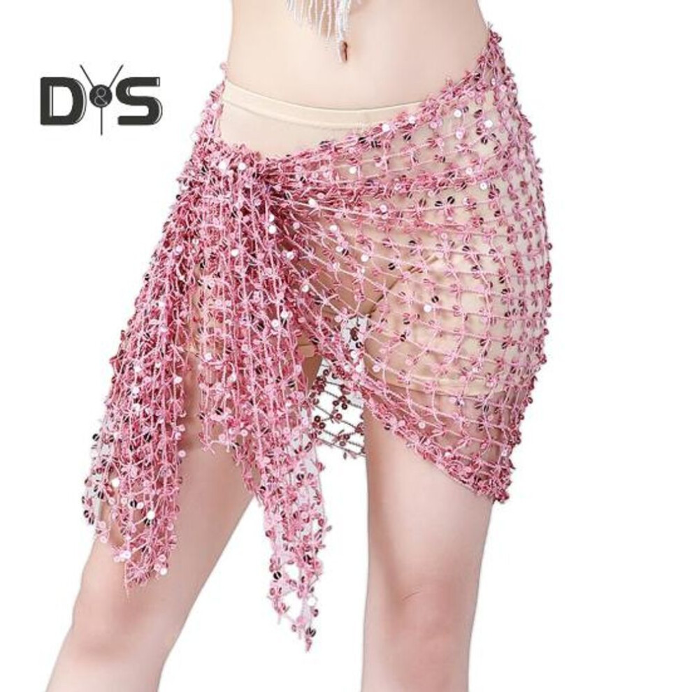 (pink) Belly Dance Hip Scarf Sequin Woven Wrap Skirt Hollow Out Mini Skirt Waistband Oriental Indian Dancer Sash Performance Carnival Costume Accessory