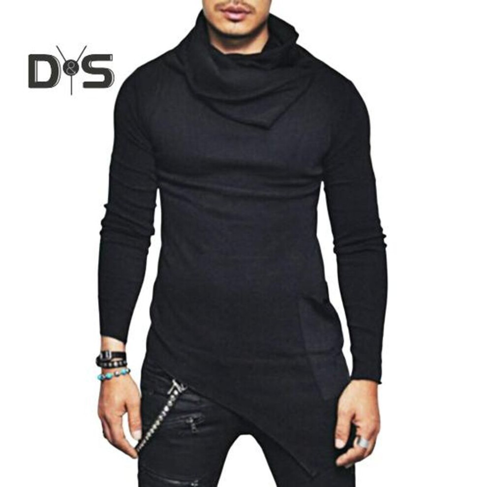 (black, L) Spring Fall Men Top Irregular Hem Mid Length Stacked Collar Slim Fit Elastic Sweatshirt Long Sleeves Pullover Street Style Thin Top