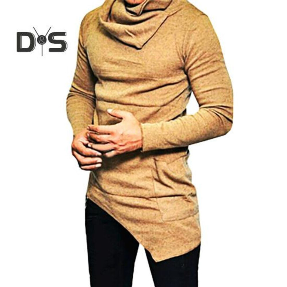 (khaki, XXL) Spring Fall Men Top Irregular Hem Mid Length Stacked Collar Slim Fit Elastic Sweatshirt Long Sleeves Pullover Street Style Thin Top