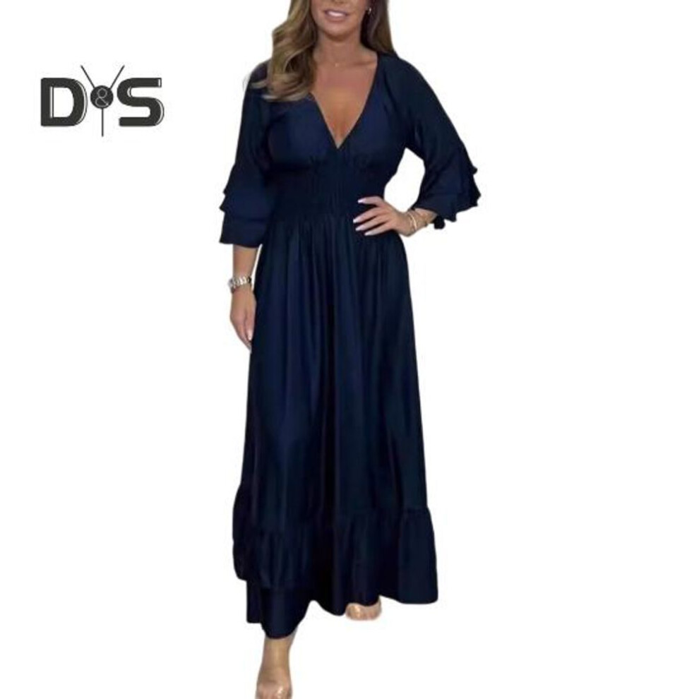 (navy blue, L) Lady Evening Dress V Neck Slim Waist Ruffle Cuffs Satin Pleated Layered Hem A-line Maxi Dress Long Sleeve Wedding Party Banquet Dress