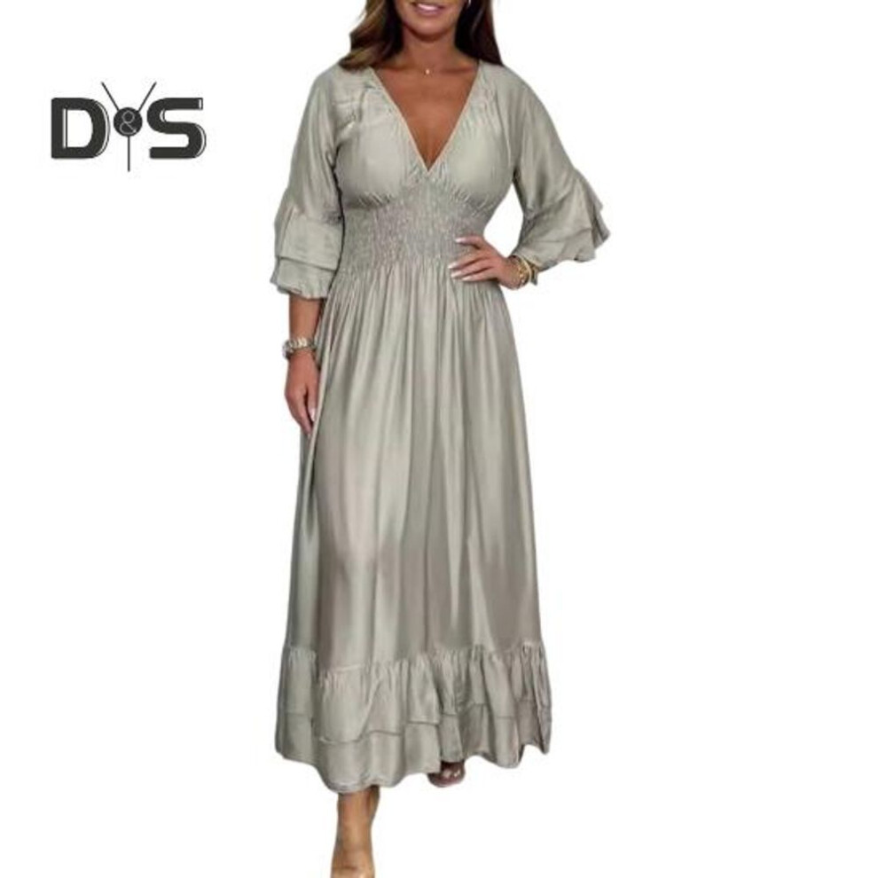 (silver gray, 2XL) Lady Evening Dress V Neck Slim Waist Ruffle Cuffs Satin Pleated Layered Hem A-line Maxi Dress Long Sleeve Wedding Party Banquet Dress