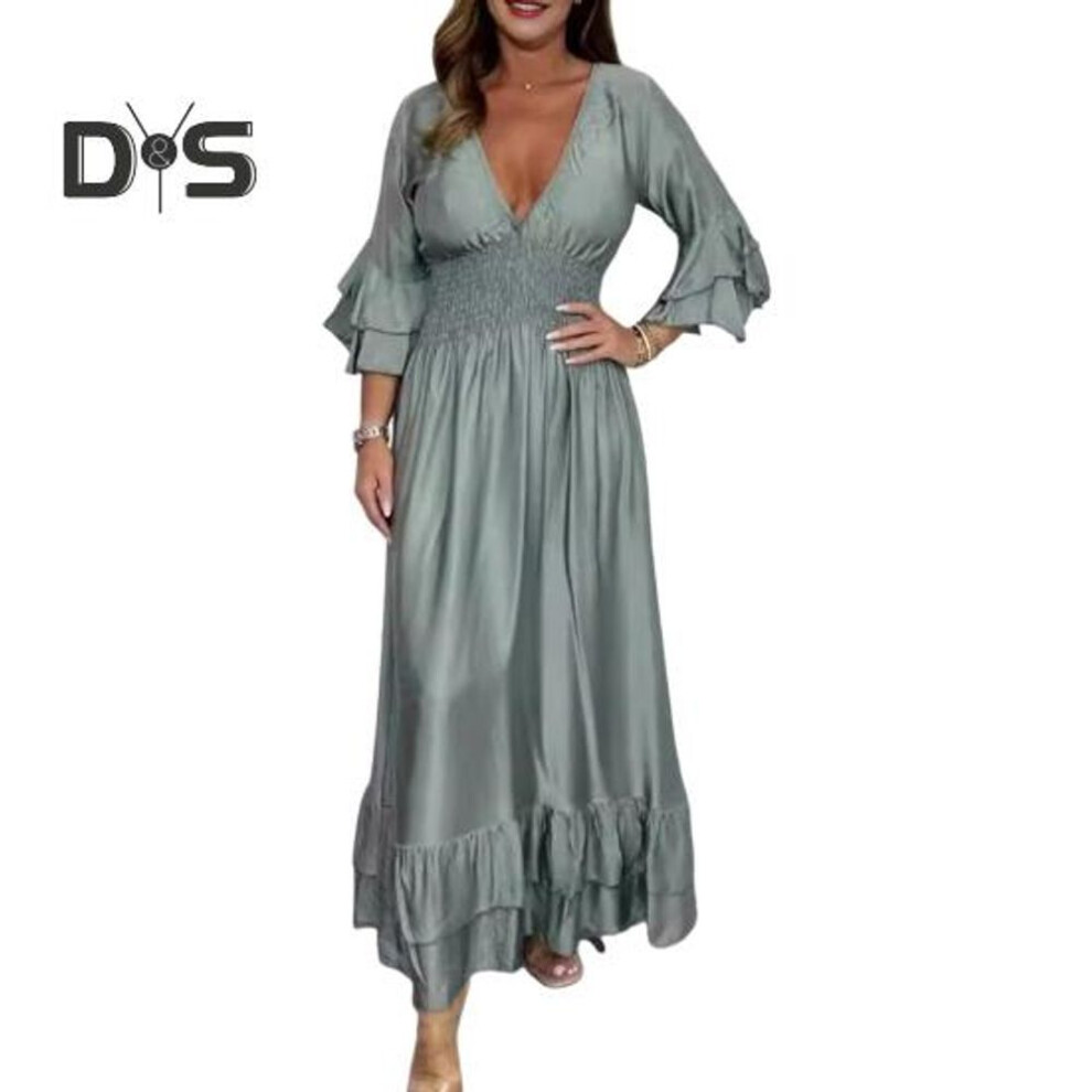(green, 2XL) Lady Evening Dress V Neck Slim Waist Ruffle Cuffs Satin Pleated Layered Hem A-line Maxi Dress Long Sleeve Wedding Party Banquet Dress