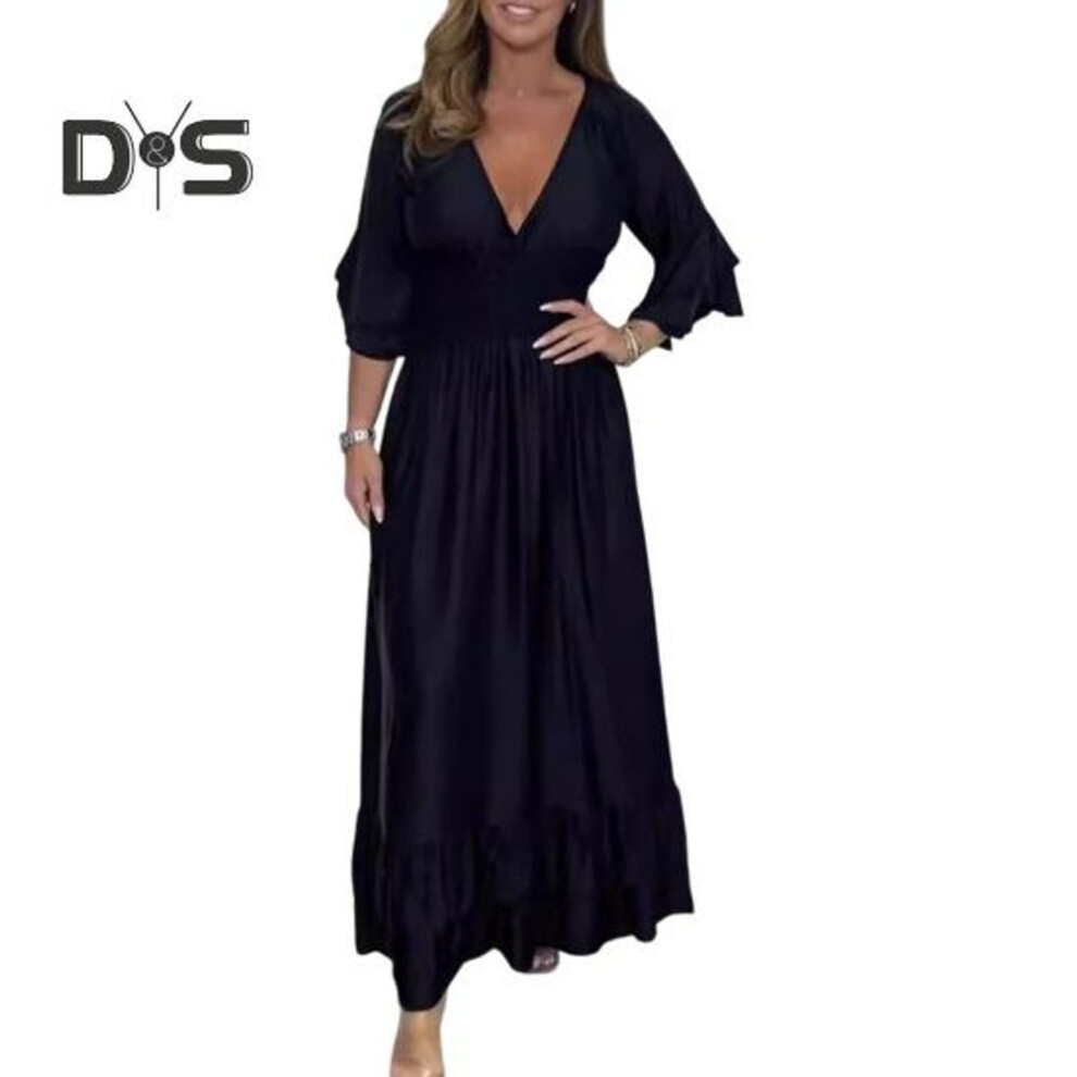 (black, 3XL) Lady Evening Dress V Neck Slim Waist Ruffle Cuffs Satin Pleated Layered Hem A-line Maxi Dress Long Sleeve Wedding Party Banquet Dress