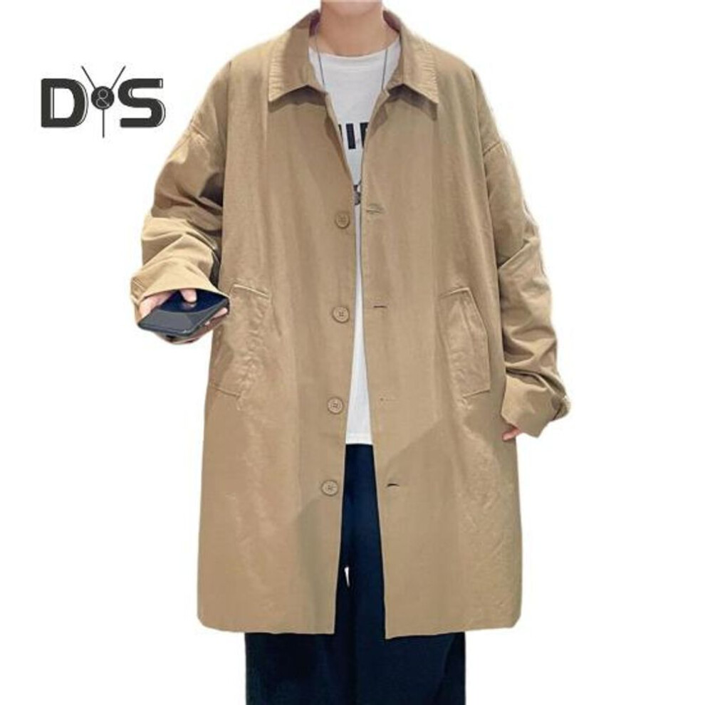 (khaki, XL) Men Windbreaker Coat Lapel Long Sleeve Buttons Placket Trench Coat With Pockets Solid Color Loose Fit Mid-length Outwear