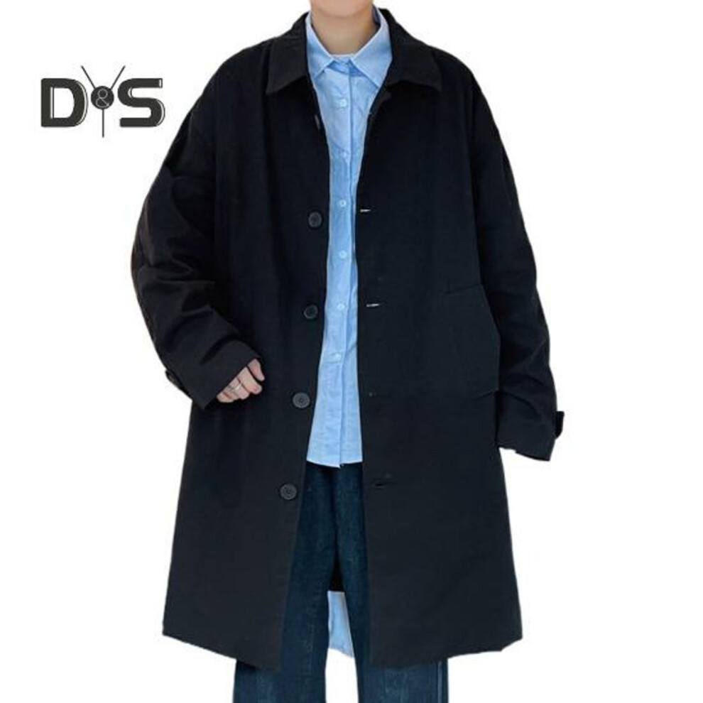 (black, M) Men Windbreaker Coat Lapel Long Sleeve Buttons Placket Trench Coat with Pockets Solid Color Loose Fit Mid-length Outwear