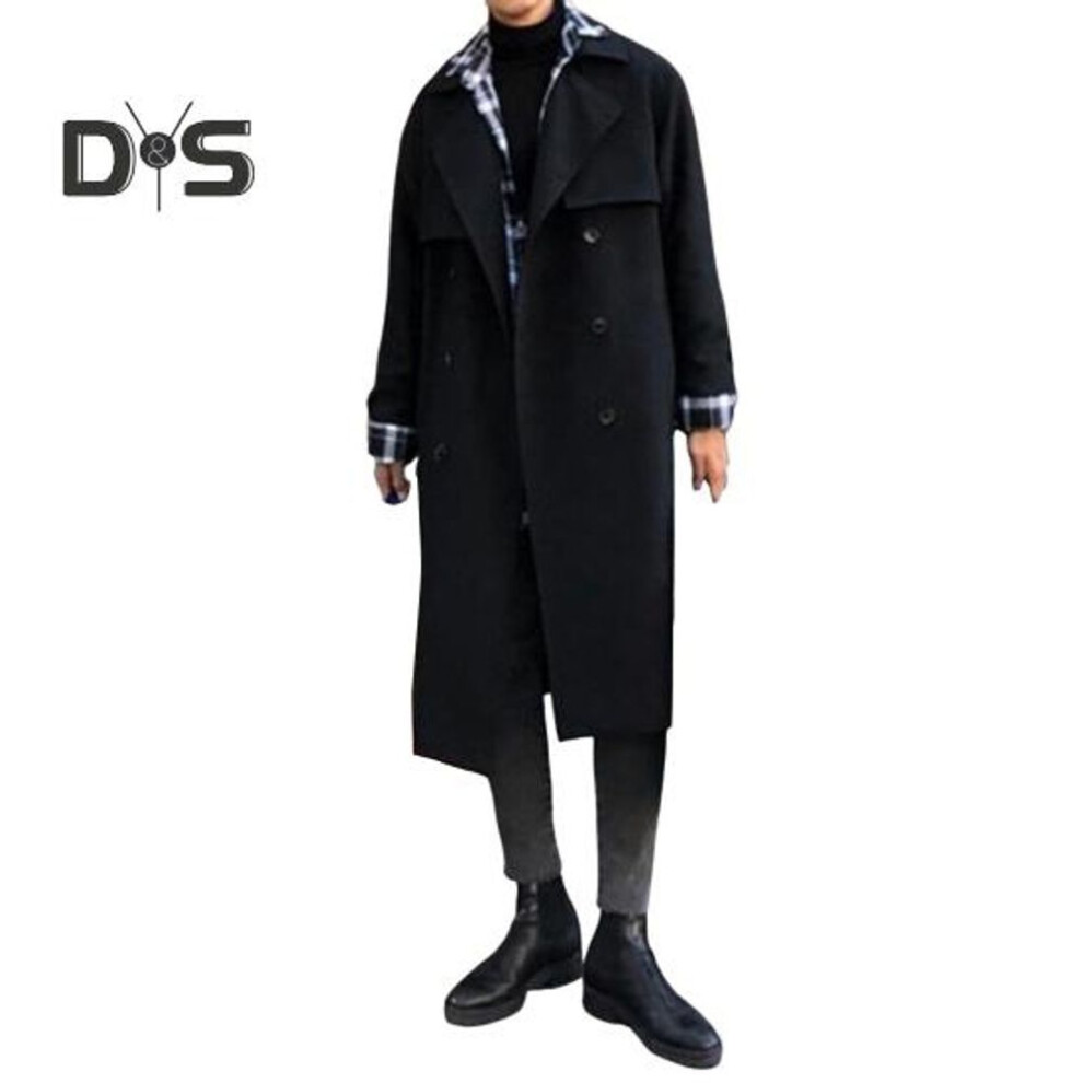 (black, XXL) Men Windbreaker Coat Lapel Long Sleeve Double Breasted Adjustable Belt Trench Coat With Pockets Solid Color Loose Fit Mid-length Outwear