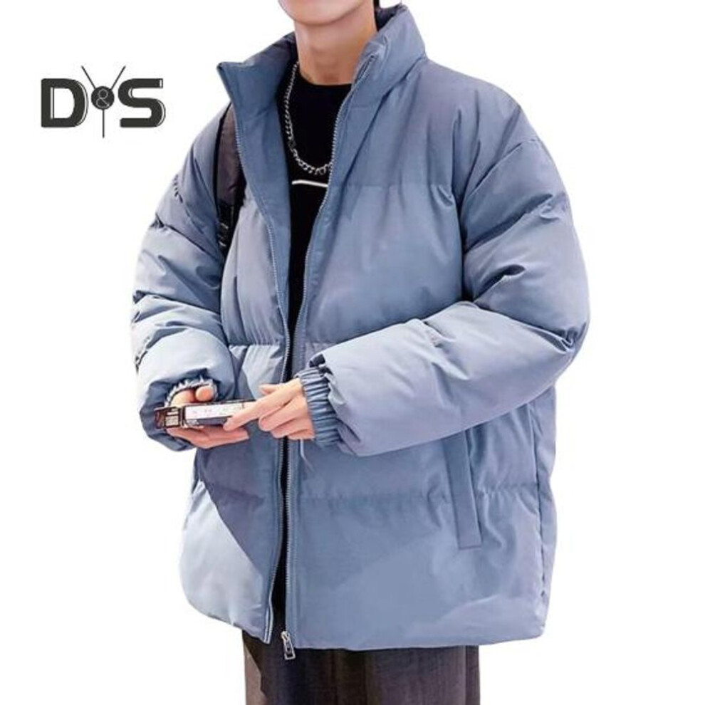 (blue, XL) Men Cotton Padded Coat Stand Collar Long Sleeve Zipper Placket Thickened Jacket With Side Pockets Solid Color Puffer Outwear